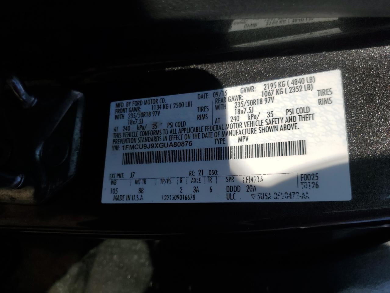 2016 Ford Escape Titanium VIN: 1FMCU9J9XGUA80876 Lot: 86617575