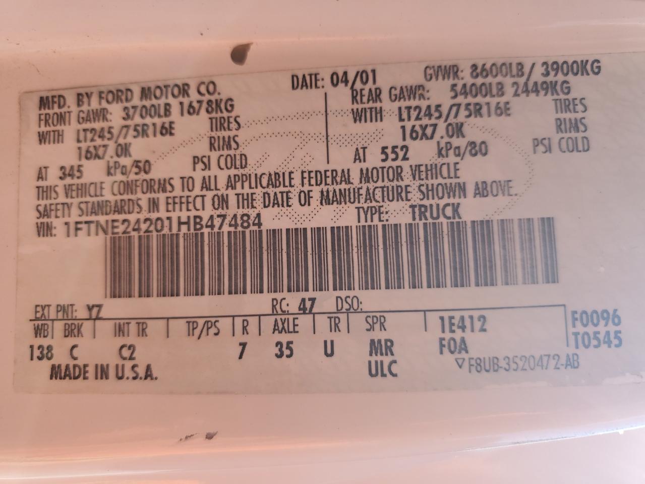 2001 Ford Econoline E250 Van VIN: 1FTNE24201HB47484 Lot: 85580565