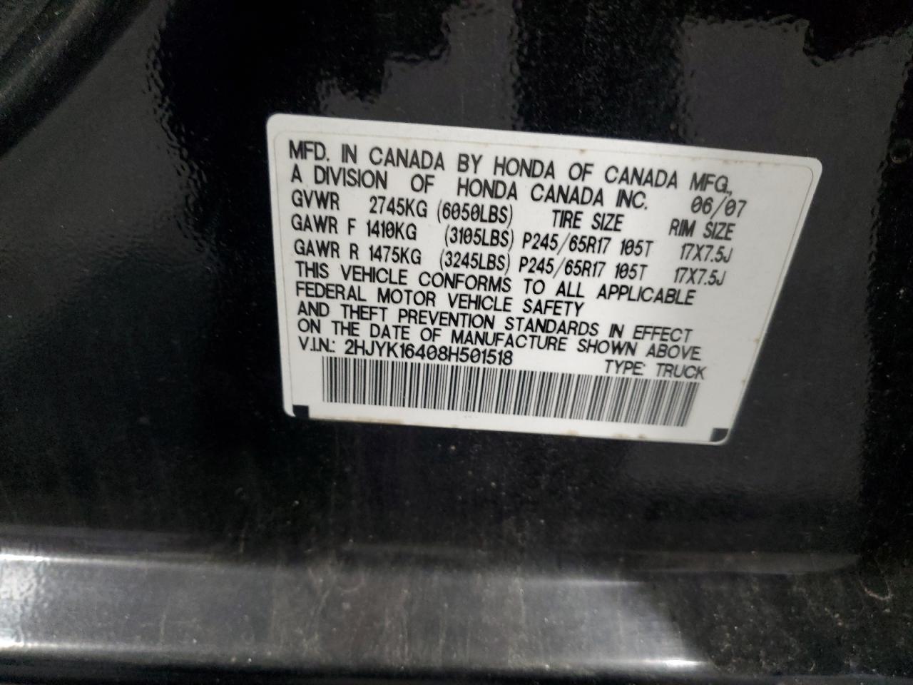 2008 Honda Ridgeline Rts VIN: 2HJYK16408H501518 Lot: 90008815