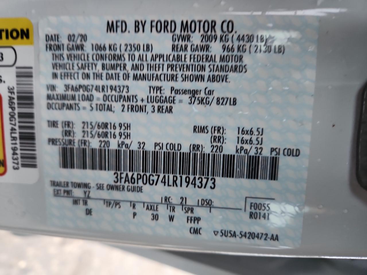 2020 Ford Fusion S VIN: 3FA6P0G74LR194373 Lot: 87072895