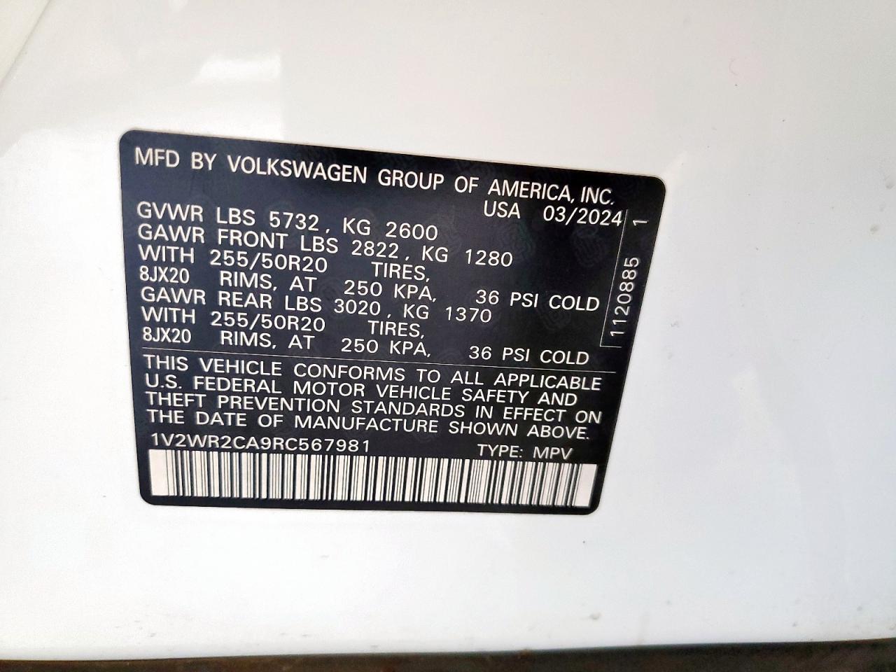 2024 Volkswagen Atlas Se VIN: 1V2WR2CA9RC567981 Lot: 86742275