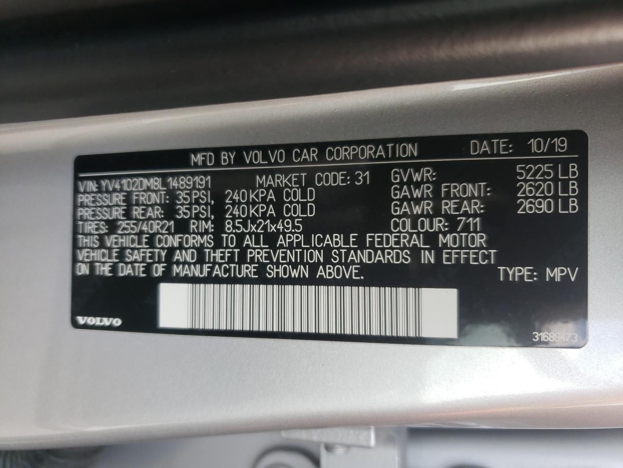 2020 Volvo Xc60 T5 R-Design VIN: YV4102DM8L1489191 Lot: 82376275