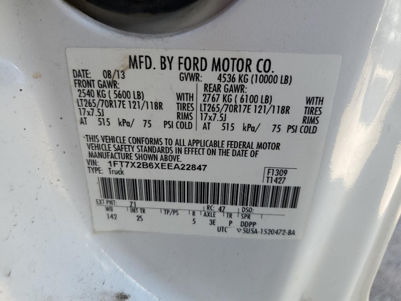 2014 Ford F250 Super Duty VIN: 1FT7X2B6XEEA22847 Lot: 84796555