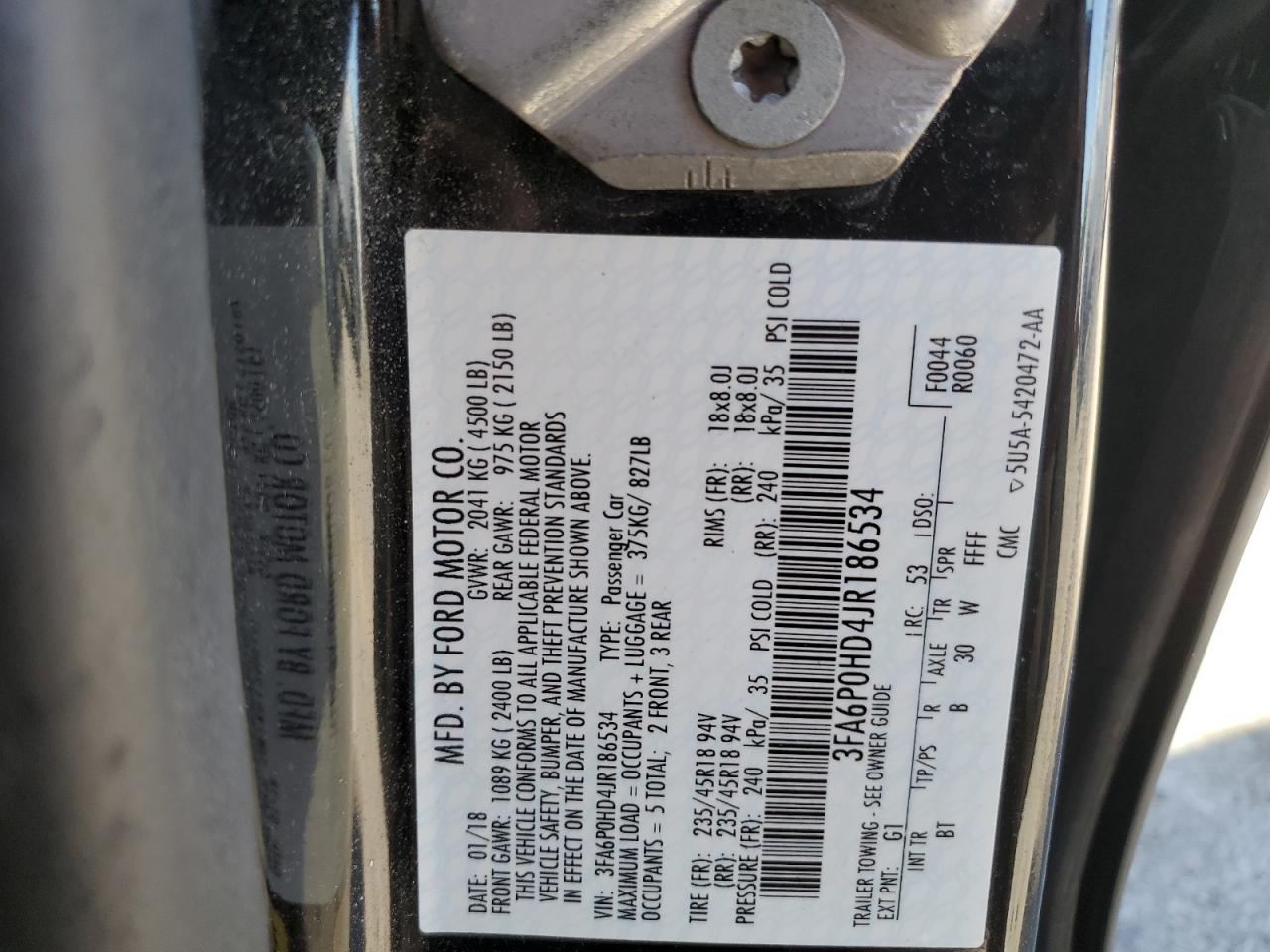 2018 Ford Fusion Se VIN: 3FA6P0HD4JR186534 Lot: 82331895