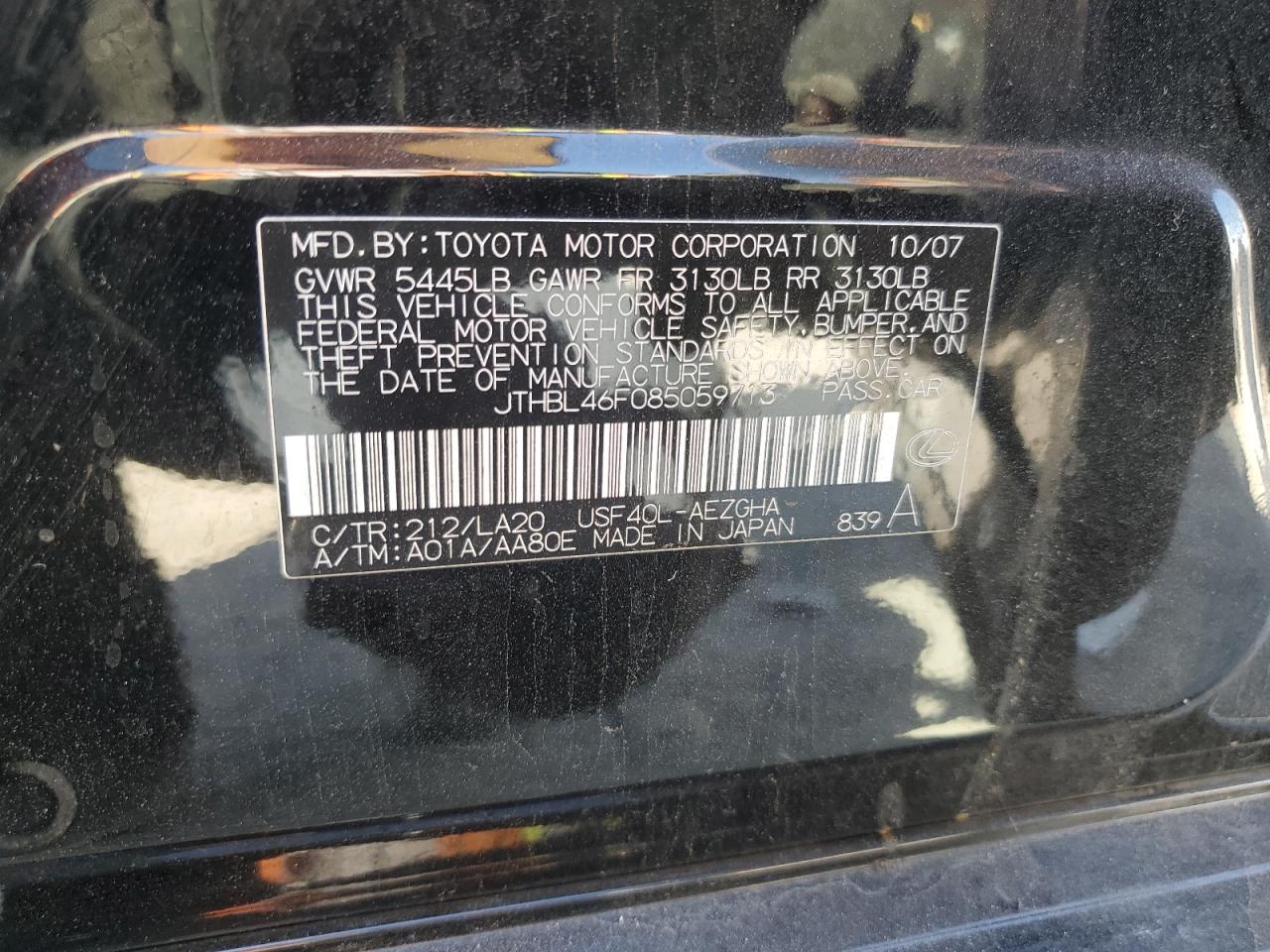 2008 Lexus Ls 460 VIN: JTHBL46F085059713 Lot: 89681195