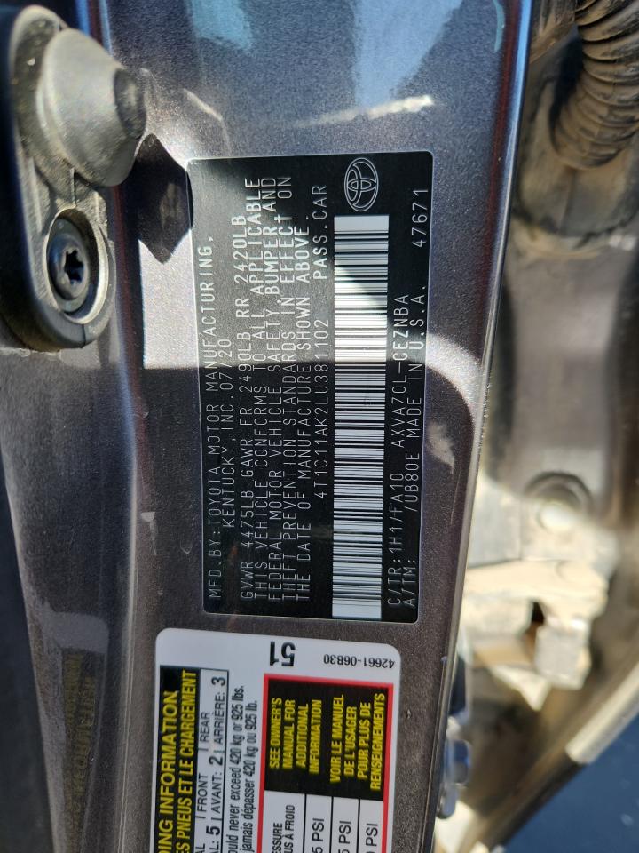 2020 Toyota Camry Le VIN: 4T1C11AK2LU381102 Lot: 87410105