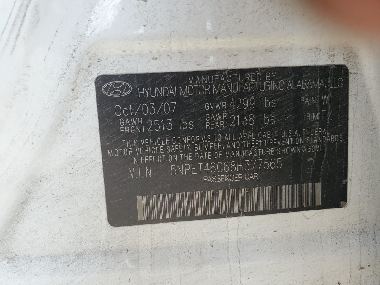 2008 Hyundai Sonata Gls VIN: 5NPET46C68H377565 Lot: 85166845