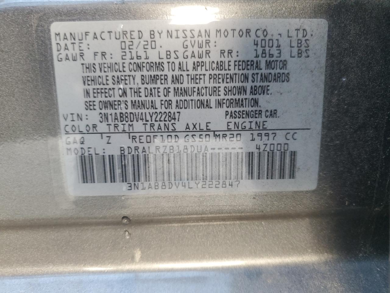 2020 Nissan Sentra Sr VIN: 3N1AB8DV4LY222847 Lot: 85570485