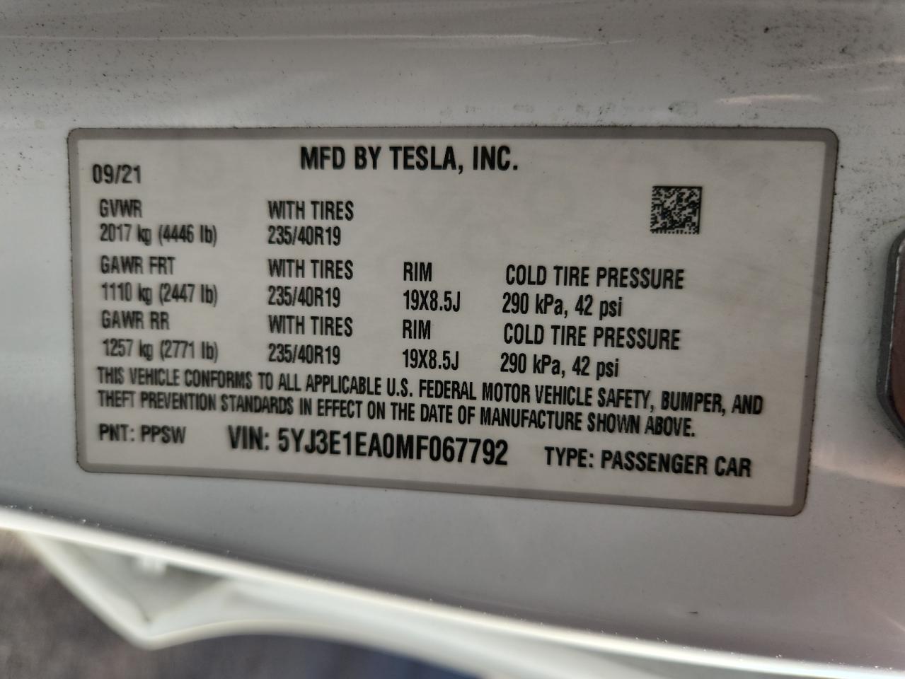 2021 Tesla Model 3 VIN: 5YJ3E1EA0MF067792 Lot: 85553125