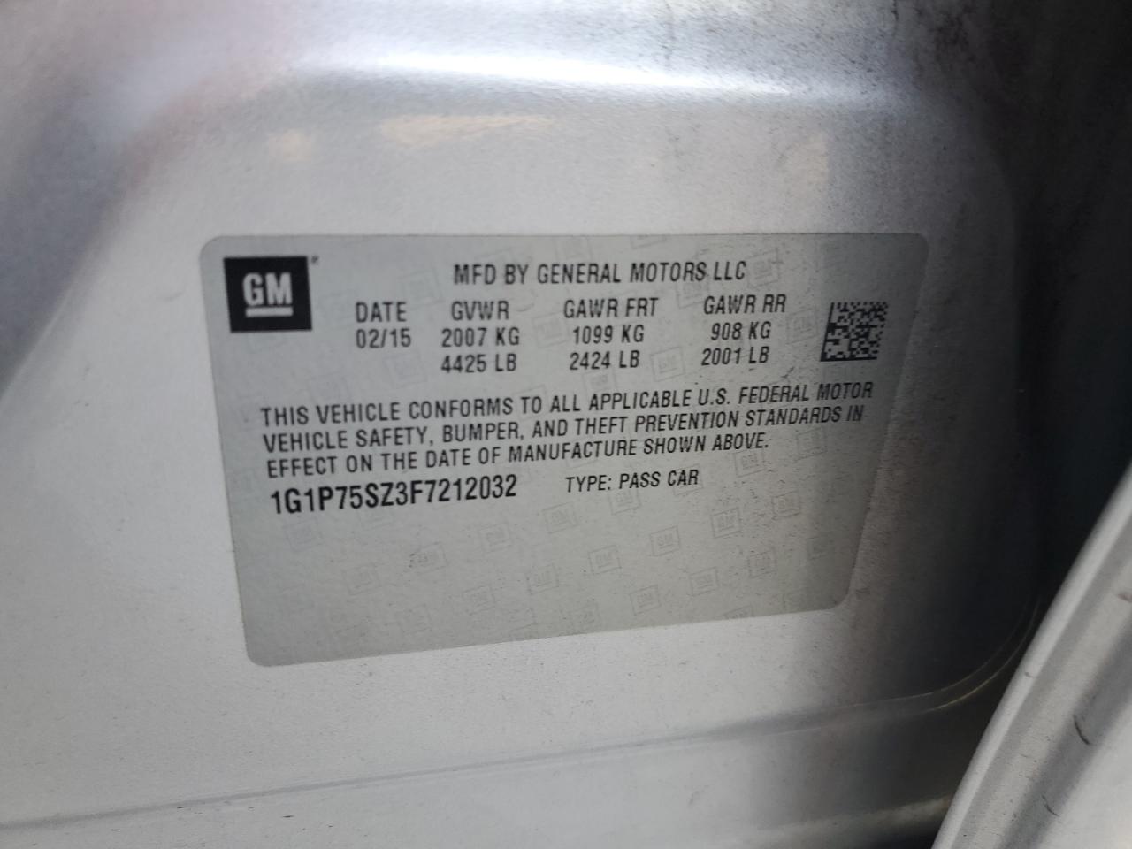 2015 Chevrolet Cruze VIN: 1G1P75SZ3F7212032 Lot: 86111215