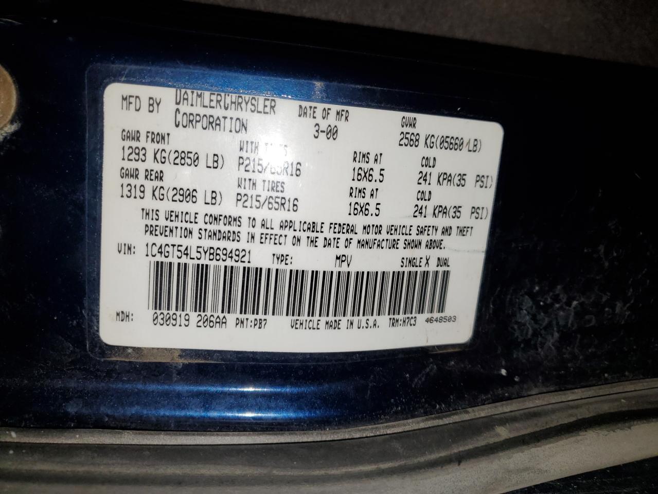 2000 Chrysler Town & Country Lxi VIN: 1C4GT54L5YB694921 Lot: 86322415