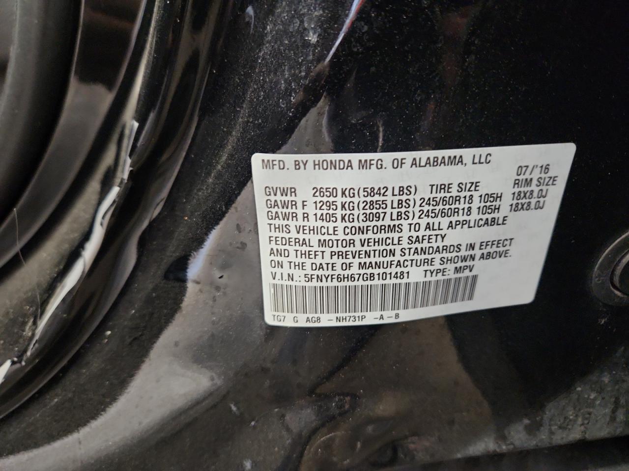 2016 Honda Pilot Exl VIN: 5FNYF6H67GB101481 Lot: 84783355