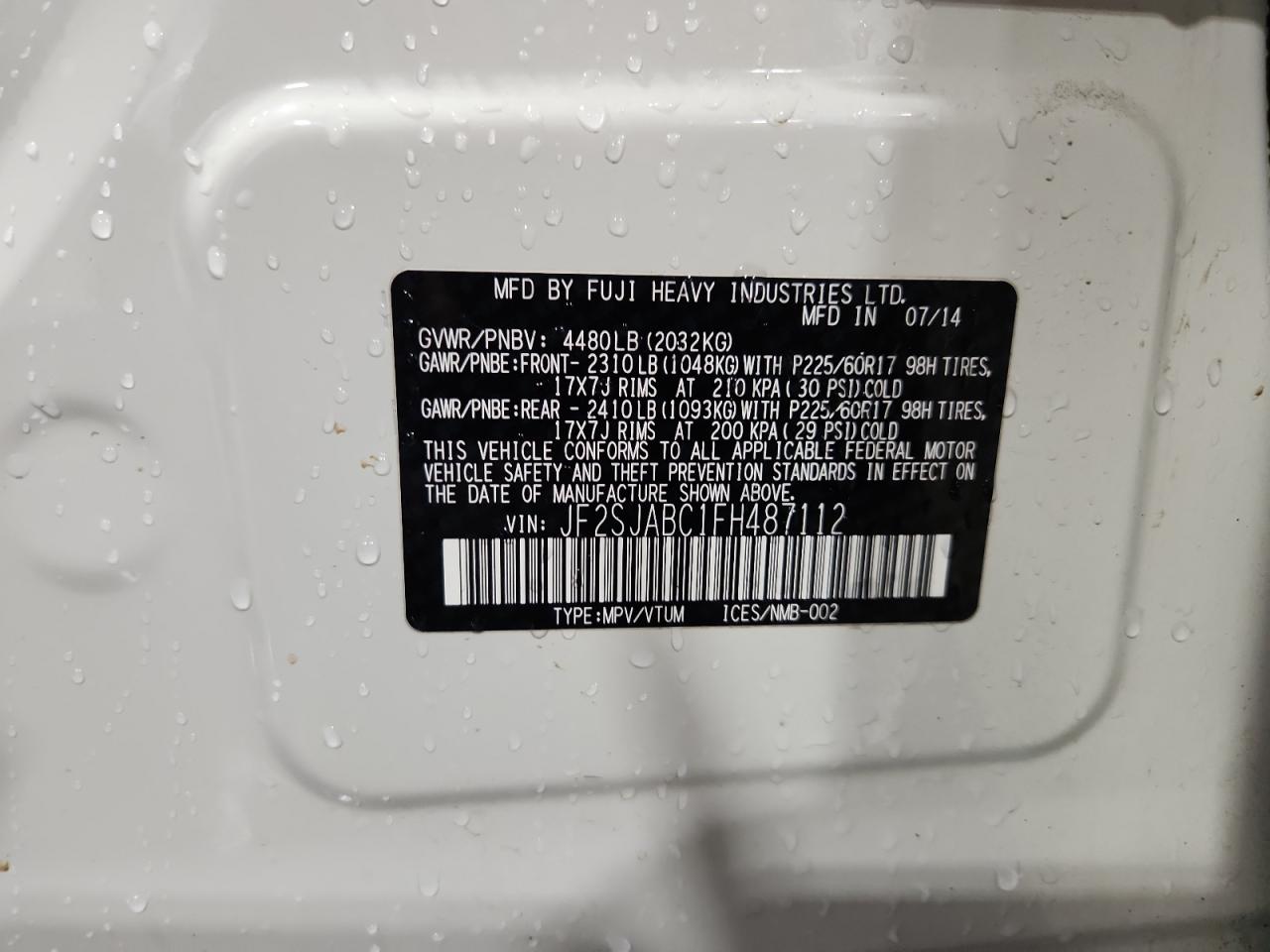 2015 Subaru Forester 2.5I VIN: JF2SJABC1FH487112 Lot: 84922505