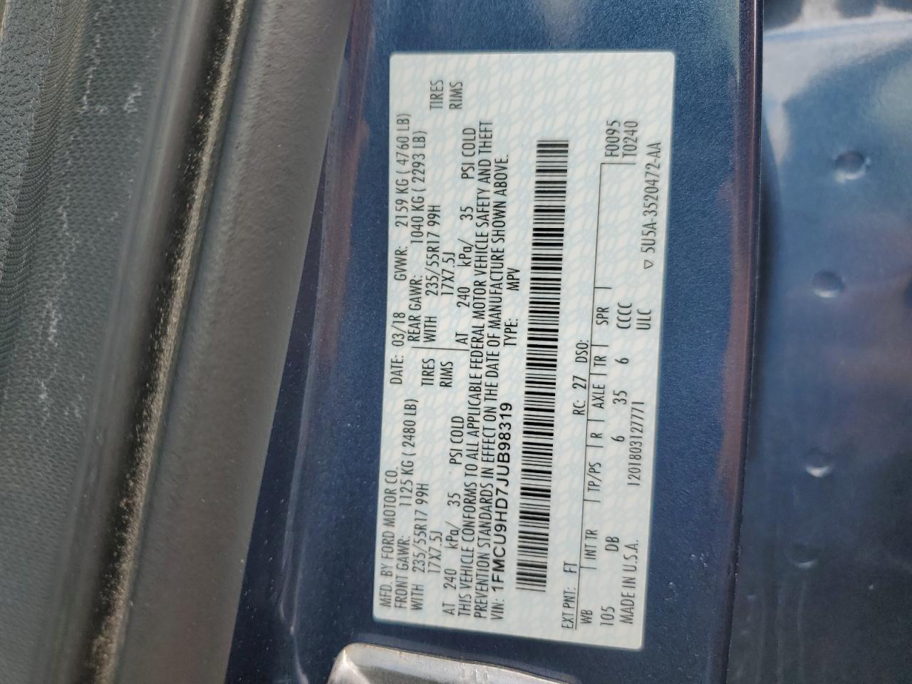 2018 Ford Escape Sel VIN: 1FMCU9HD7JUB98319 Lot: 85529585