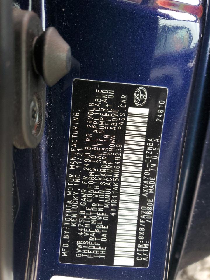 2022 Toyota Camry Le VIN: 4T1R11AK5NU648259 Lot: 85013455