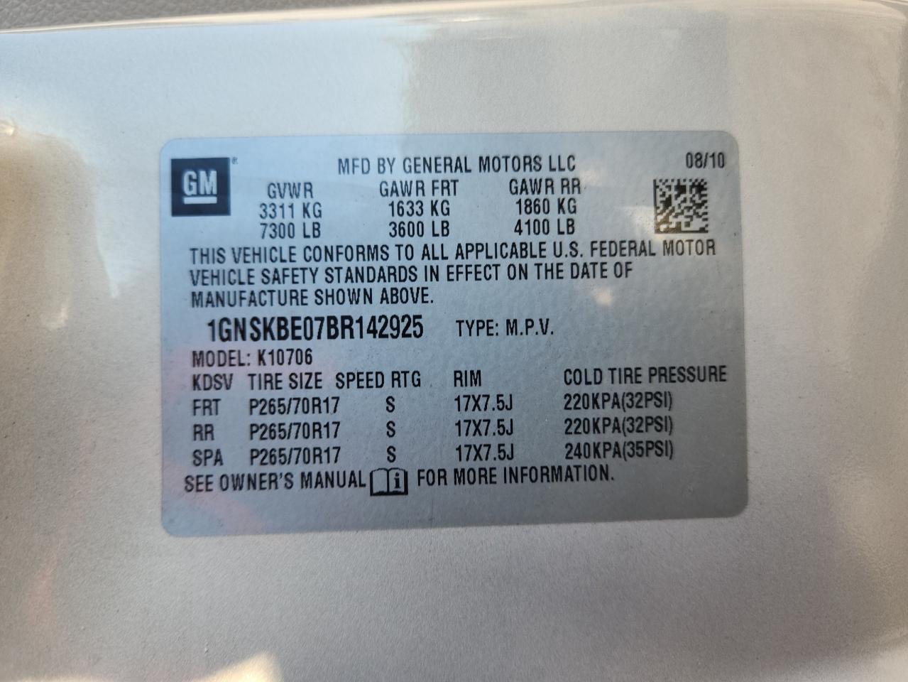 2011 Chevrolet Tahoe K1500 Lt VIN: 1GNSKBE07BR142925 Lot: 83810055