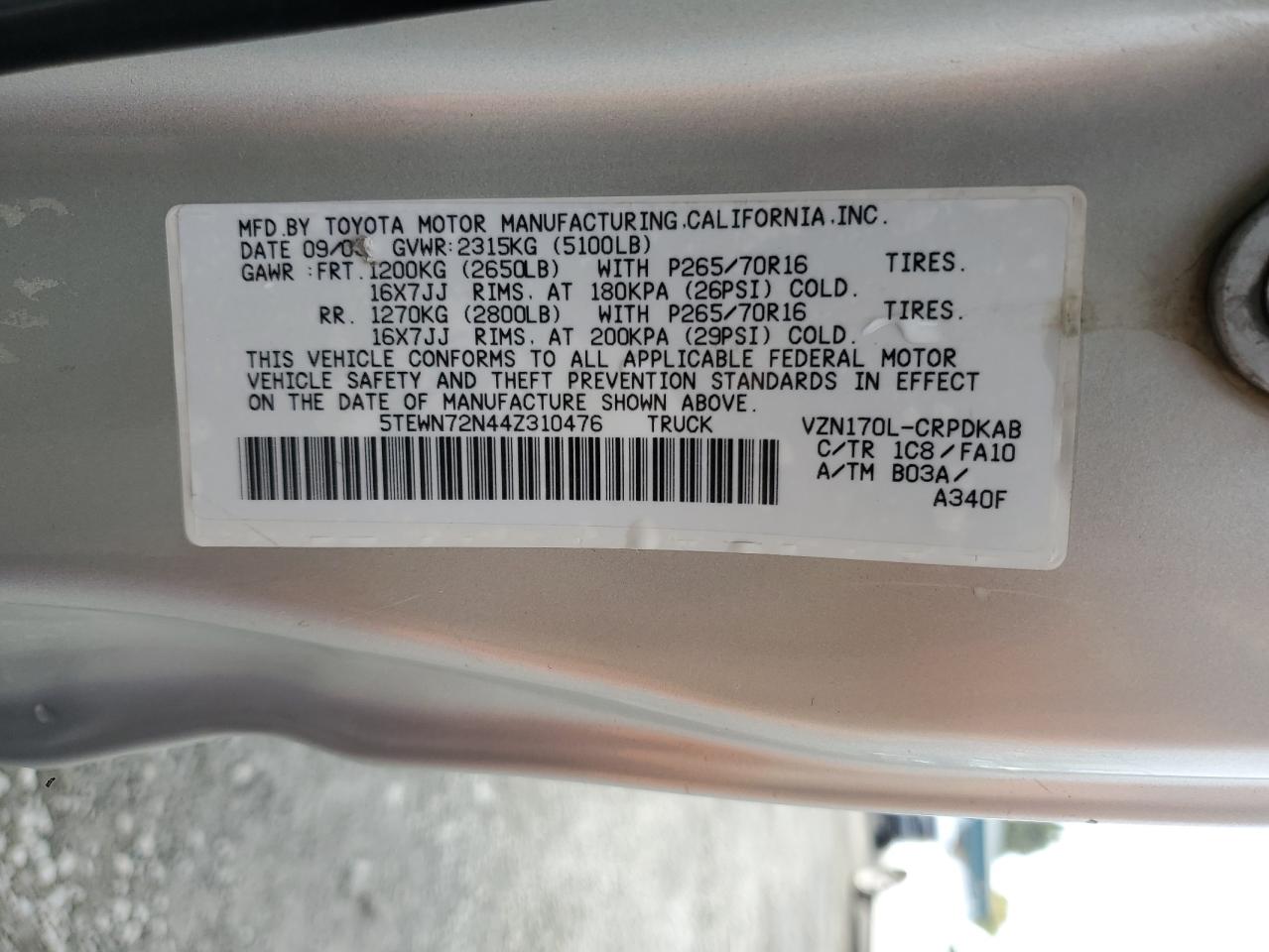 2004 Toyota Tacoma Xtracab VIN: 5TEWN72N44Z310476 Lot: 84521845