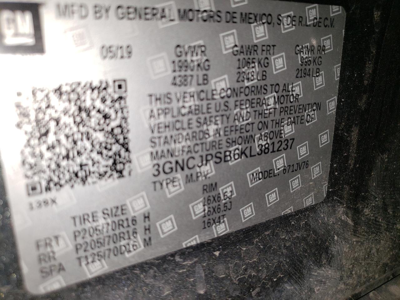 2019 Chevrolet Trax 1Lt VIN: 3GNCJPSB6KL381237 Lot: 85122365