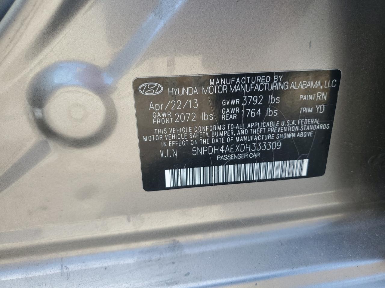 2013 Hyundai Elantra Gls VIN: 5NPDH4AEXDH333309 Lot: 87217225