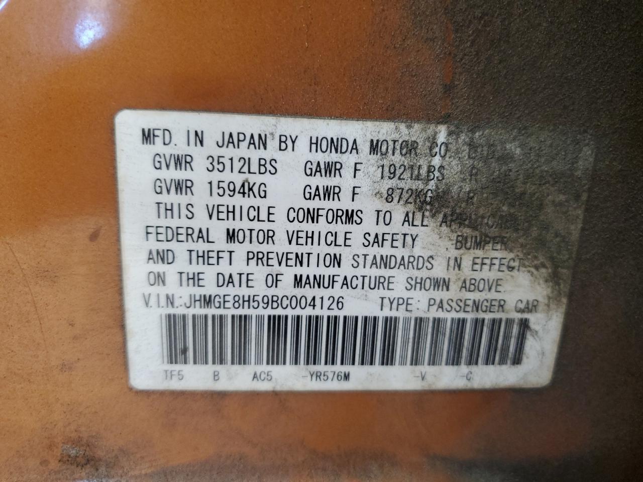 2011 Honda Fit Sport VIN: JHMGE8H59BC004126 Lot: 82505535