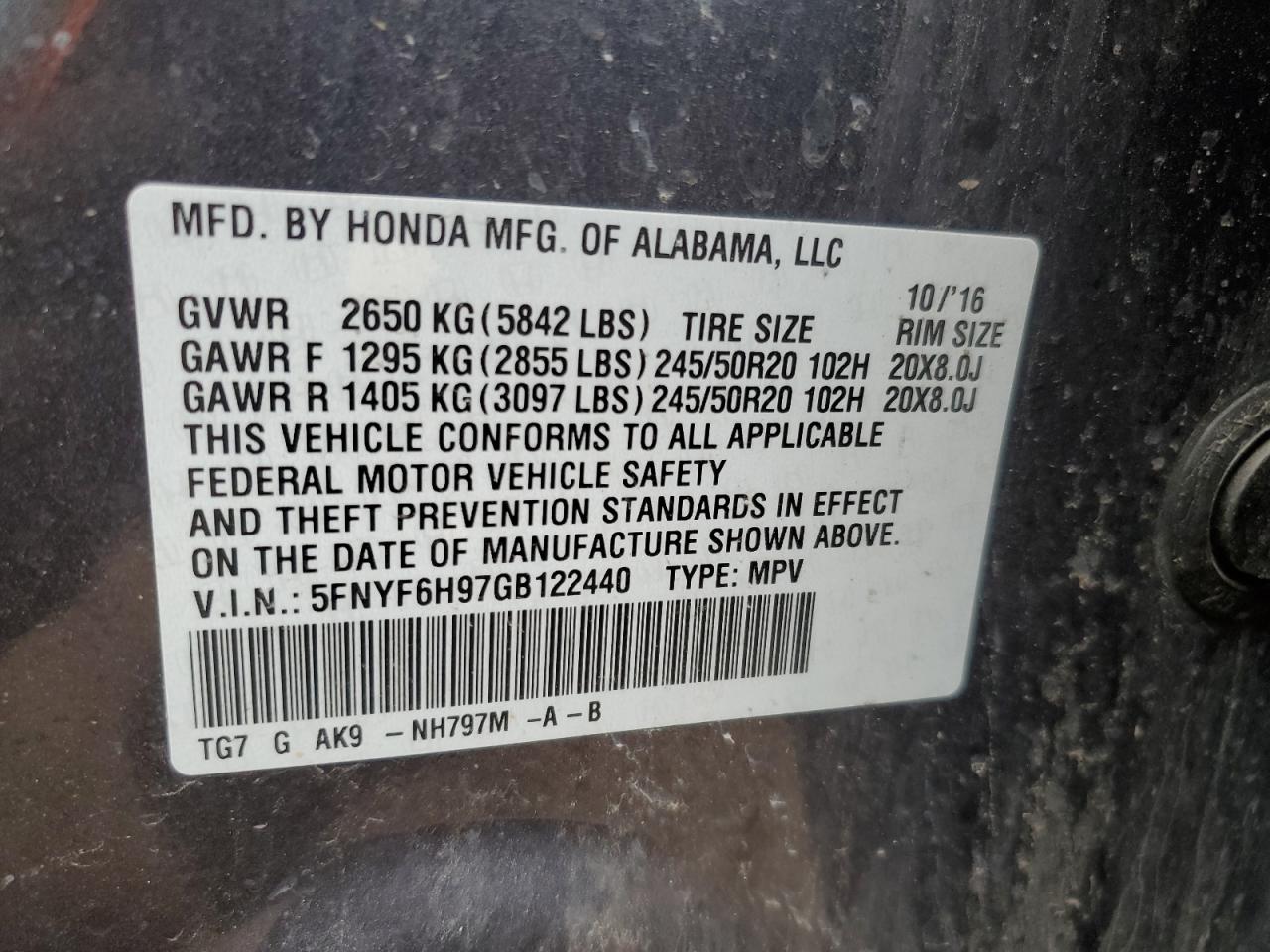 2016 Honda Pilot Touring VIN: 5FNYF6H97GB122440 Lot: 85573215