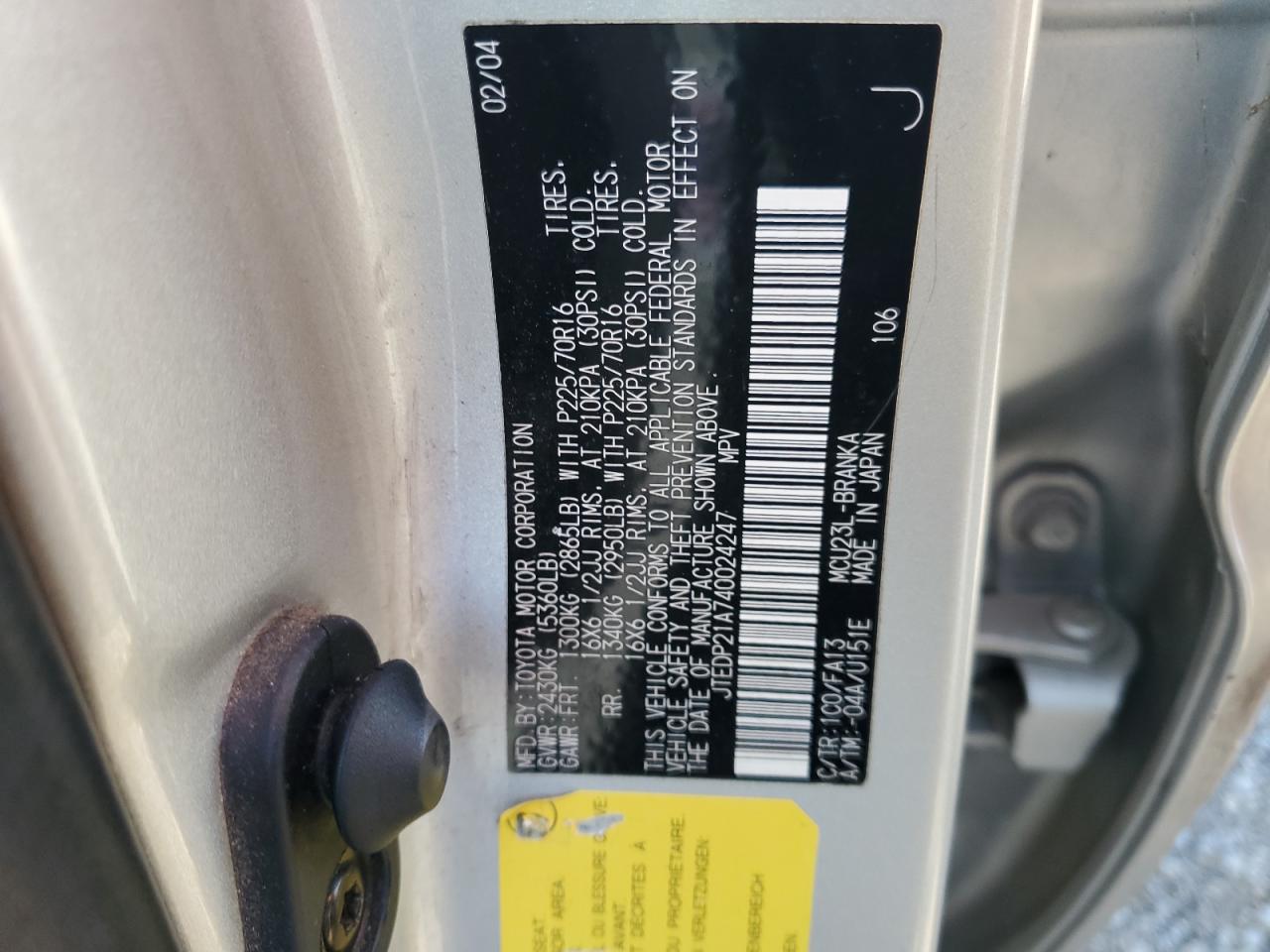 2004 Toyota Highlander Base VIN: JTEDP21A740024247 Lot: 84985995