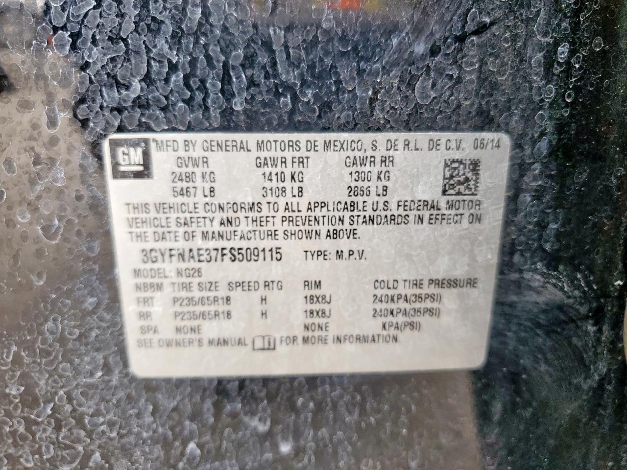 2015 Cadillac Srx VIN: 3GYFNAE37FS509115 Lot: 85842335