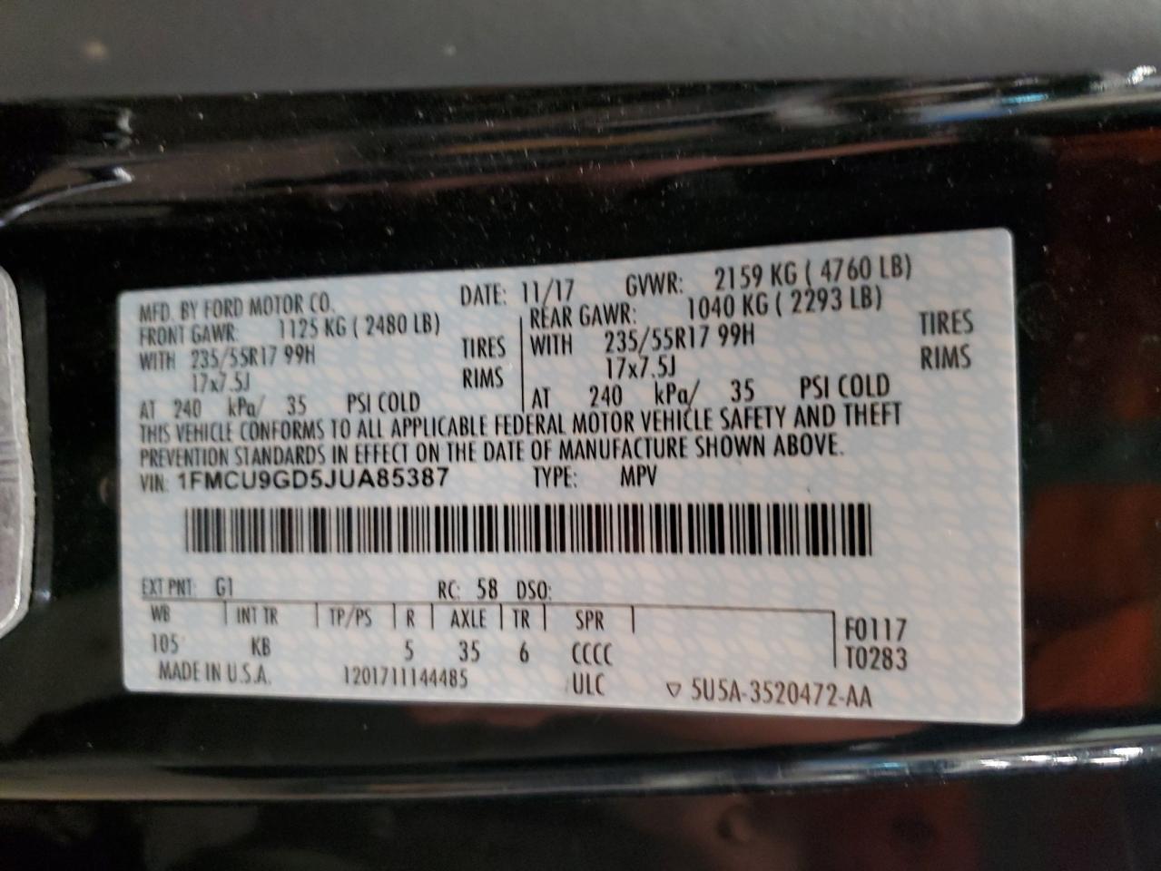 2018 Ford Escape Se VIN: 1FMCU9GD5JUA85387 Lot: 91200335