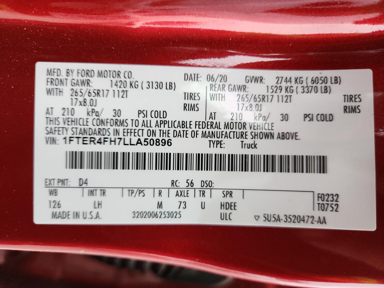 2020 Ford Ranger Xl VIN: 1FTER4FH7LLA50896 Lot: 85575585