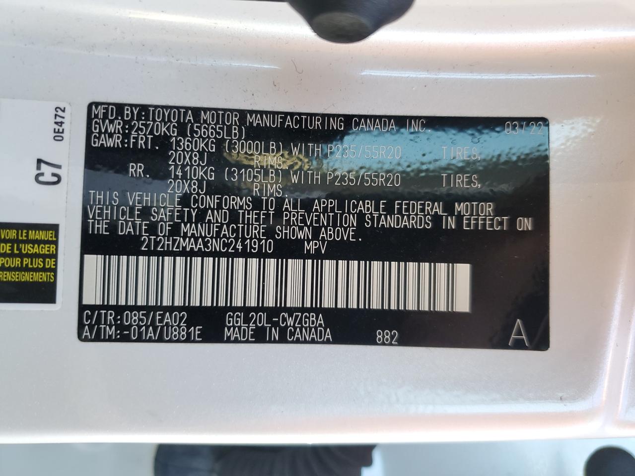 2022 Lexus Rx 350 VIN: 2T2HZMAA3NC241910 Lot: 86070435