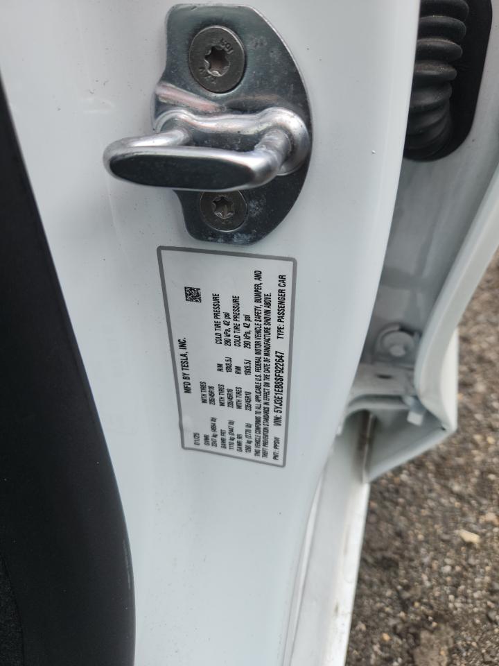 2025 Tesla Model 3 VIN: 5YJ3E1EB8SF922647 Lot: 84432875