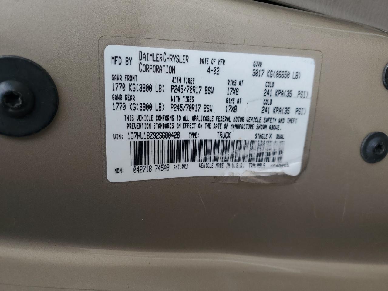 2002 Dodge Ram 1500 VIN: 1D7HU18Z92S680428 Lot: 86455055