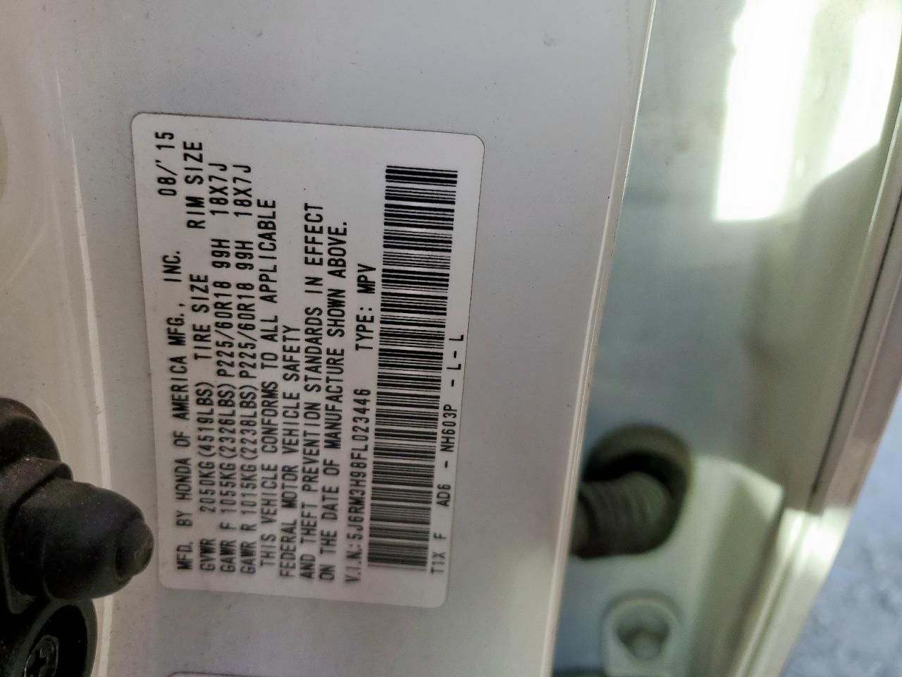 2015 Honda Cr-V Touring VIN: 5J6RM3H98FL023446 Lot: 85523455