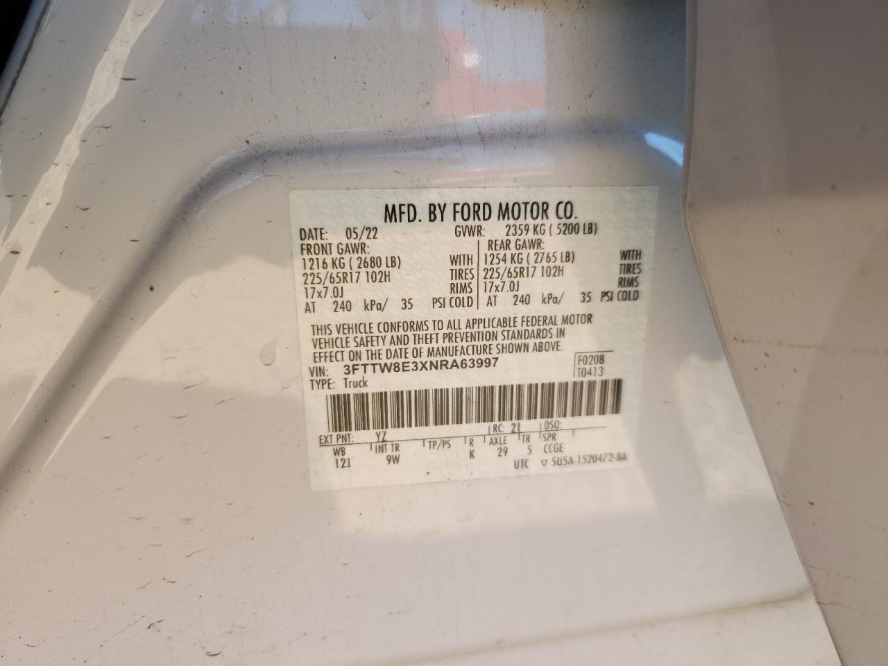 2022 Ford Maverick Xl VIN: 3FTTW8E3XNRA63997 Lot: 84744585