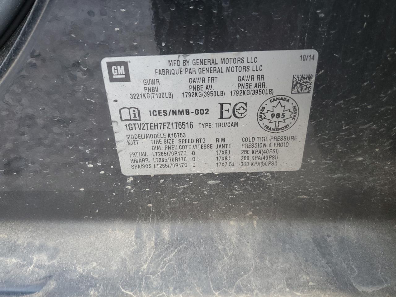 2015 GMC Sierra K1500 VIN: 1GTV2TEH7FZ176516 Lot: 81985205