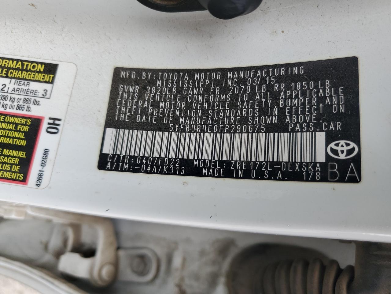 2015 Toyota Corolla L VIN: 5YFBURHE0FP290675 Lot: 86466015