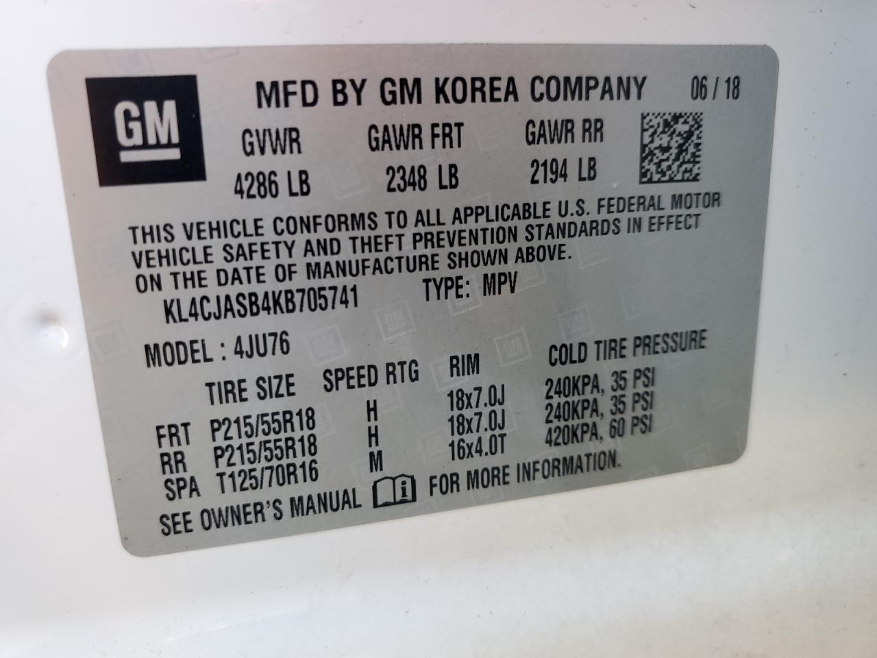 2019 Buick Encore Preferred VIN: KL4CJASB4KB705741 Lot: 82285235