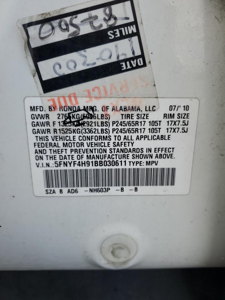 2011 Honda Pilot Touring VIN: 5FNYF4H91BB030611 Lot: 85843135