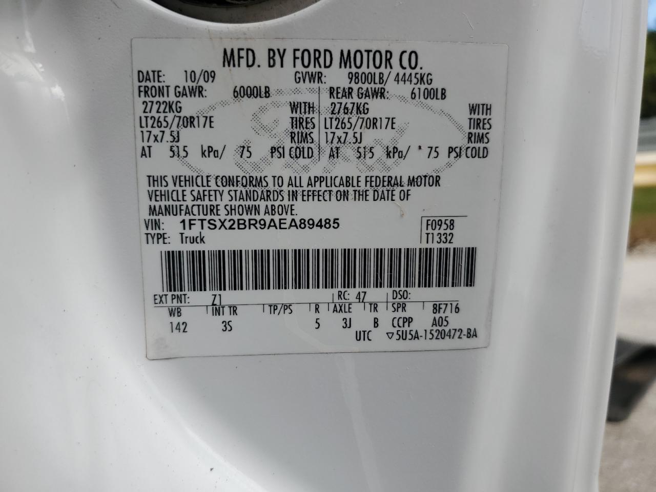 2010 Ford F250 Super Duty VIN: 1FTSX2BR9AEA89485 Lot: 85666905