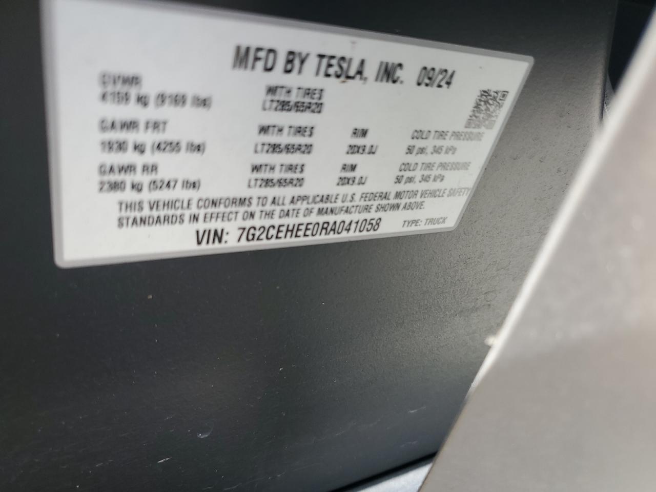 2024 Tesla Cybertruck VIN: 7G2CEHEE0RA041058 Lot: 87259195