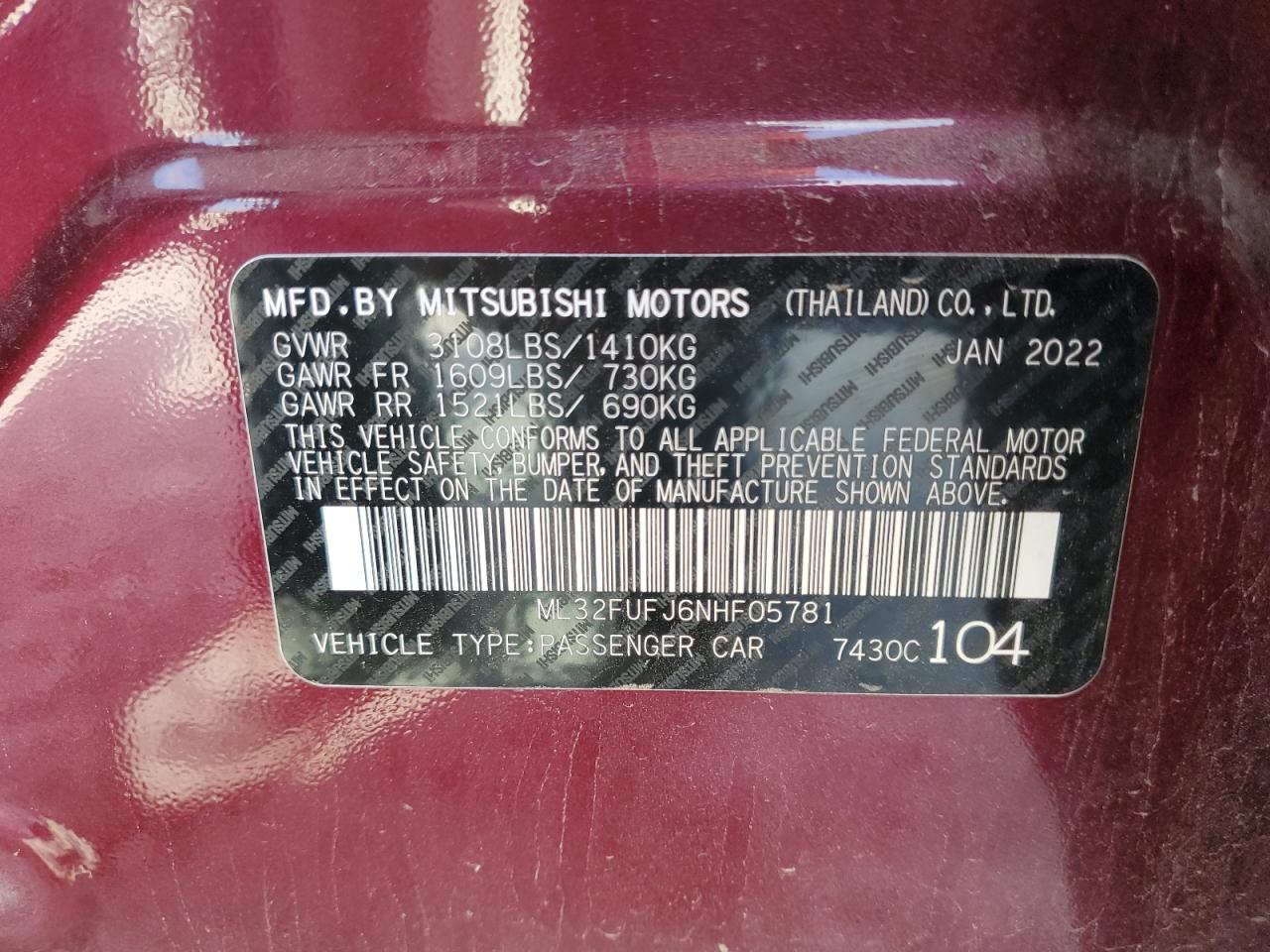 2022 Mitsubishi Mirage G4 Es VIN: ML32FUFJ6NHF05781 Lot: 86440295