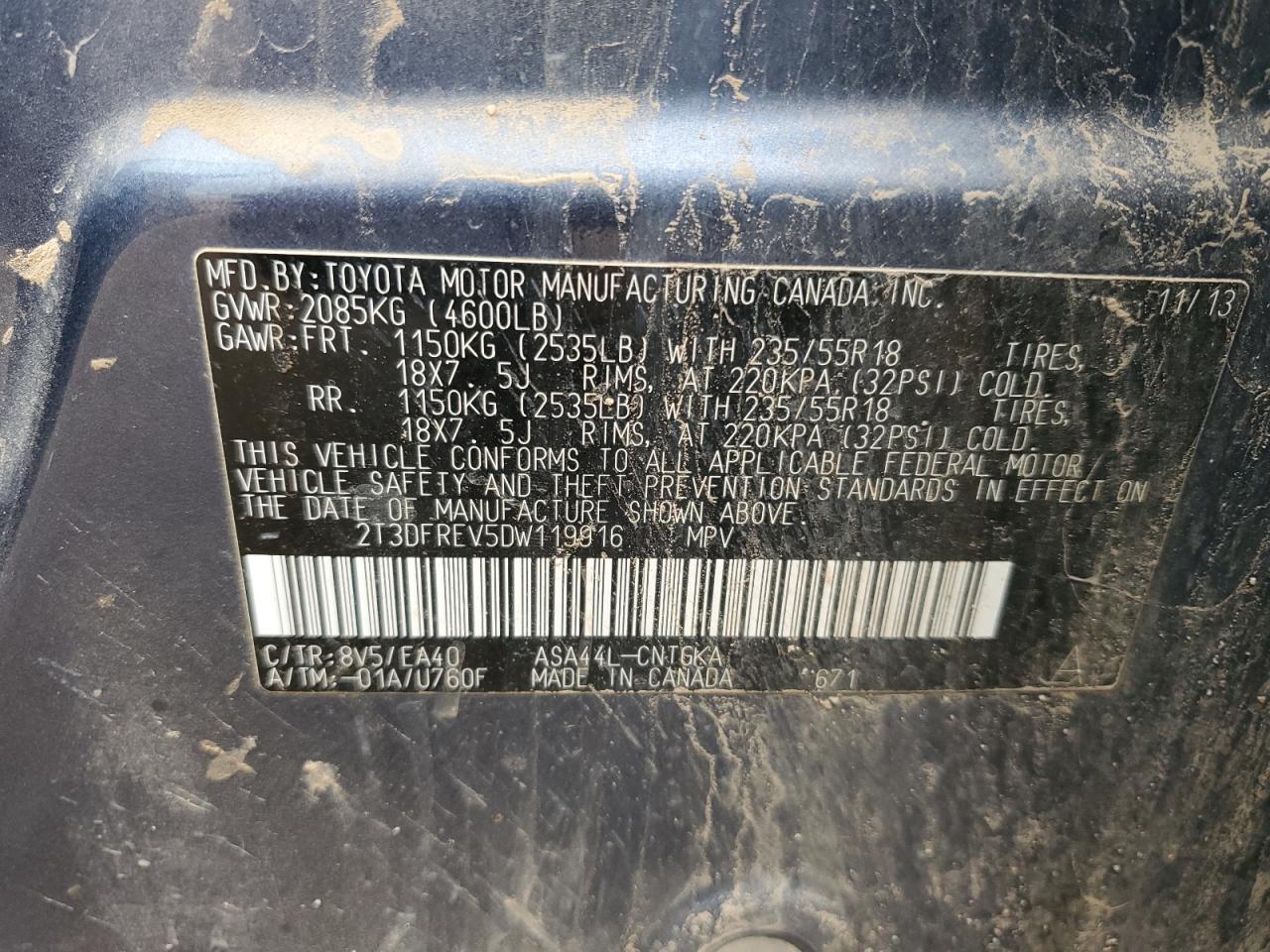 2013 Toyota Rav4 Limited VIN: 2T3DFREV5DW119916 Lot: 85299205