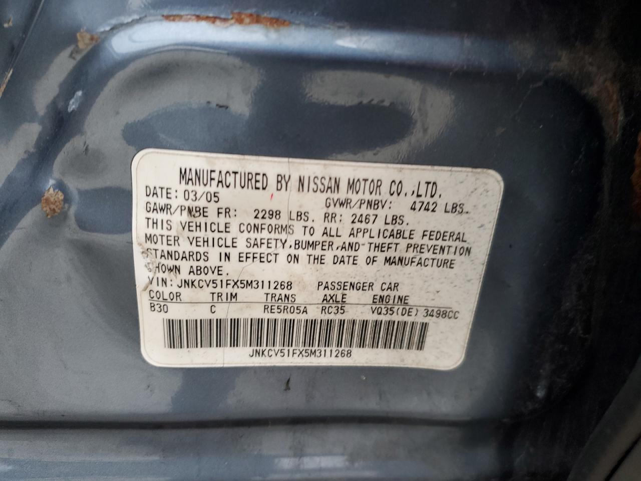 2005 Infiniti G35 VIN: JNKCV51FX5M311268 Lot: 90518095