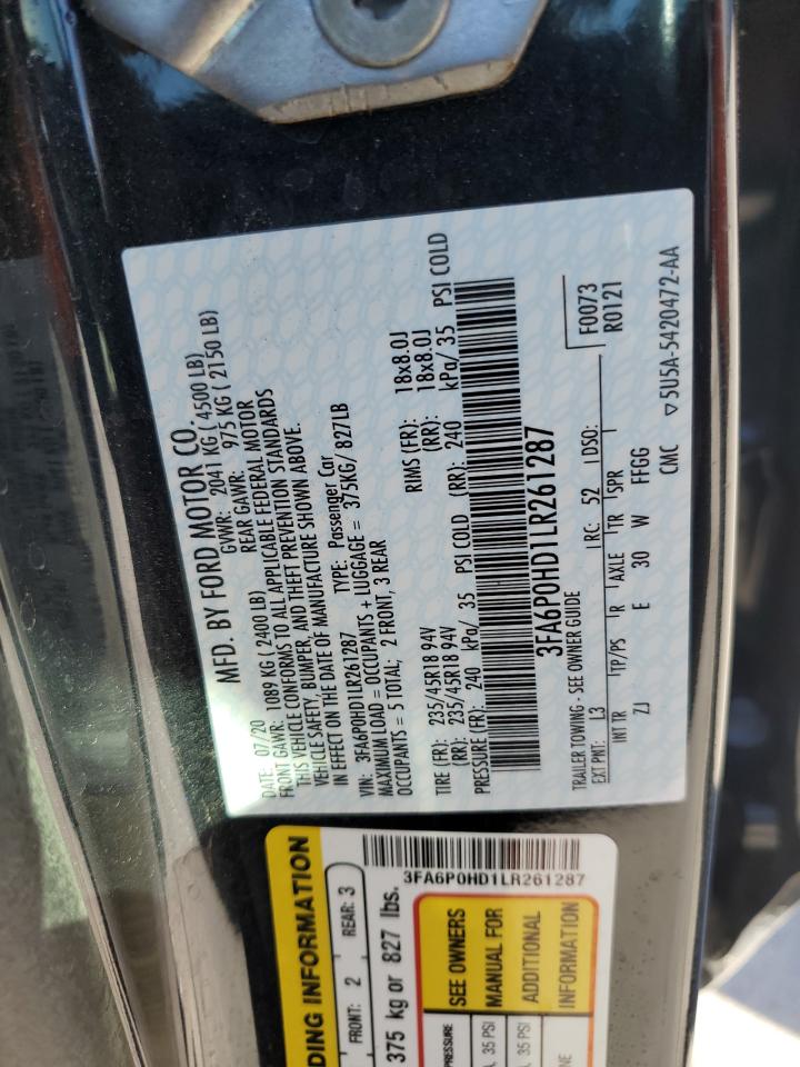 2020 Ford Fusion Se VIN: 3FA6P0HD1LR261287 Lot: 87258405