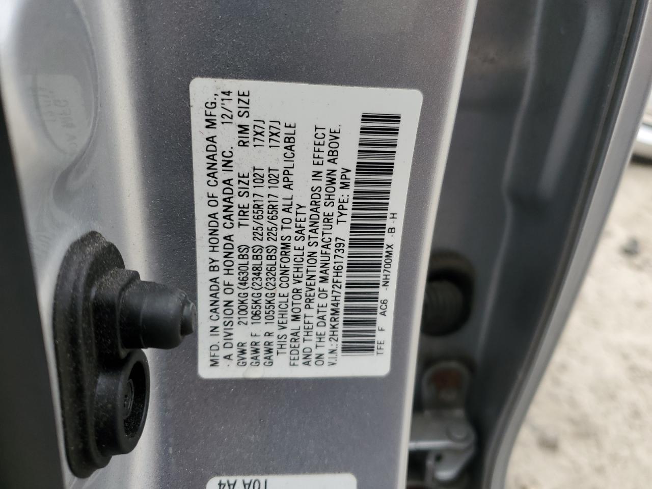 2015 Honda Cr-V Exl VIN: 2HKRM4H72FH617397 Lot: 90705865