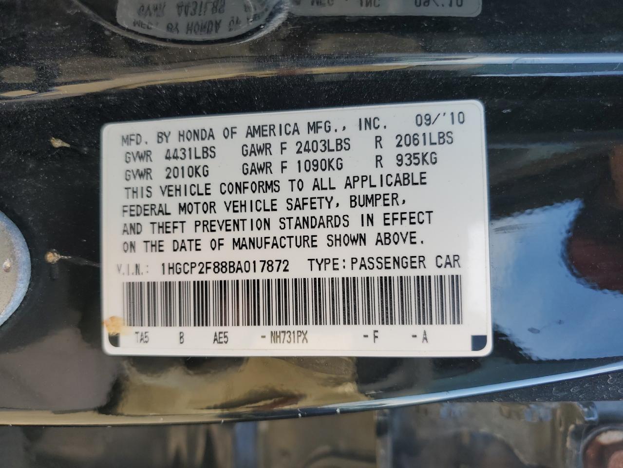 2011 Honda Accord Exl VIN: 1HGCP2F88BA017872 Lot: 84425175