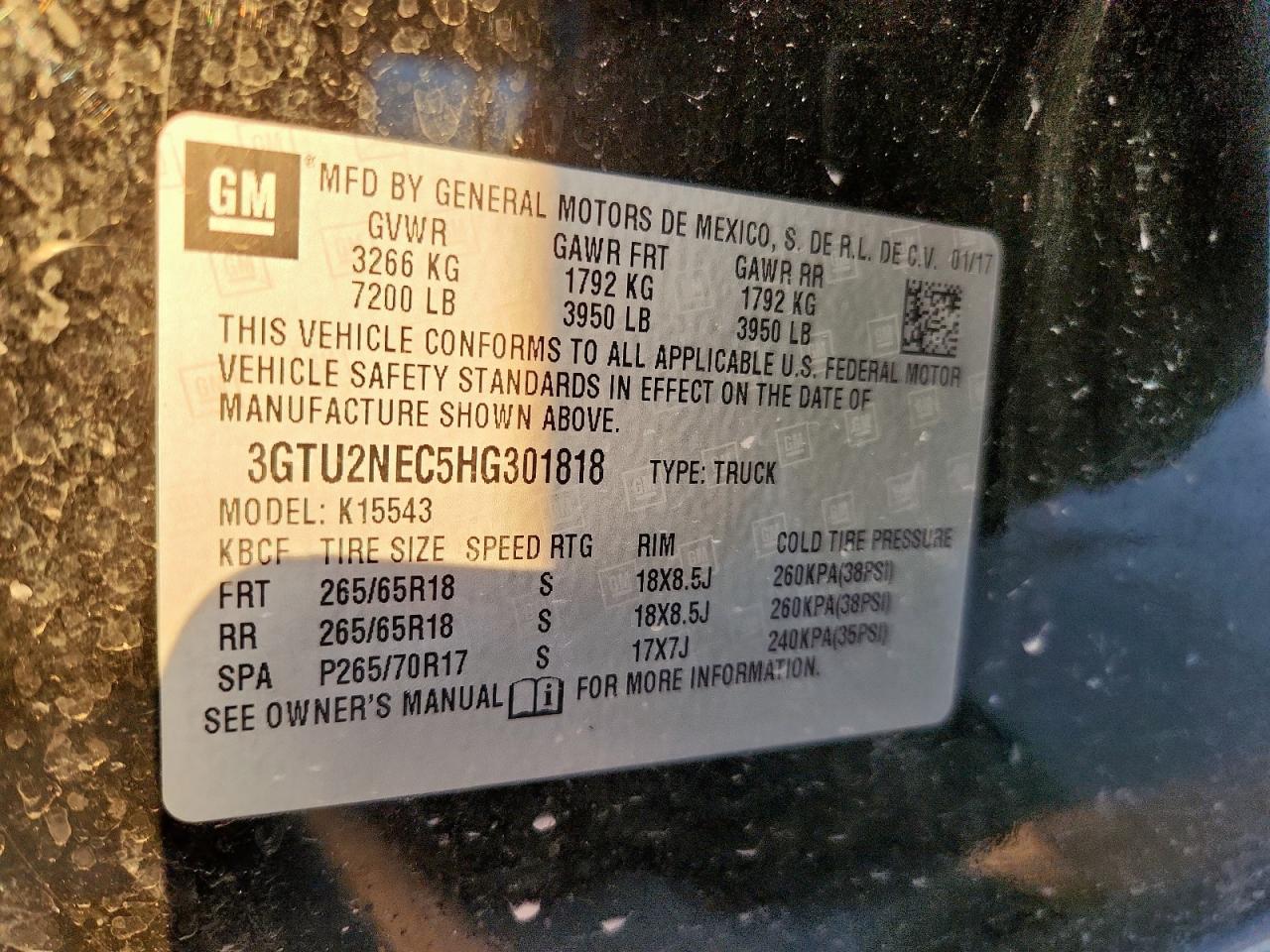 2017 GMC Sierra K1500 Slt VIN: 3GTU2NEC5HG301818 Lot: 86236525