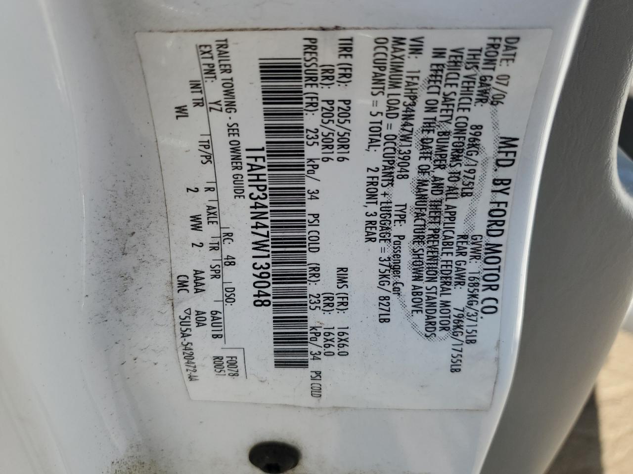 2007 Ford Focus Zx4 VIN: 1FAHP34N47W139048 Lot: 84869545