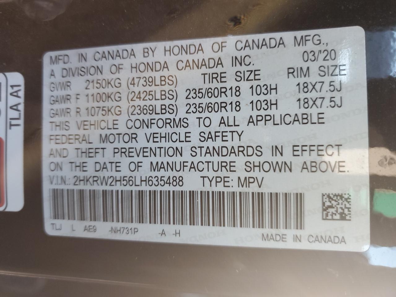 2020 Honda Cr-V Ex VIN: 2HKRW2H56LH635488 Lot: 90683895