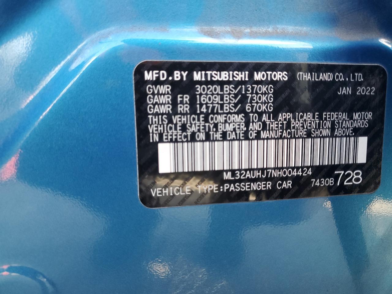 2022 Mitsubishi Mirage Es VIN: ML32AUHJ7NH004424 Lot: 86120245